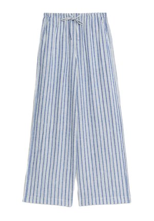 Pantalons larges rayés bleu et blanc avec une taille élastique à cordon, fabriqués en tissu léger, présentant des rayures verticales et une coupe décontractée.