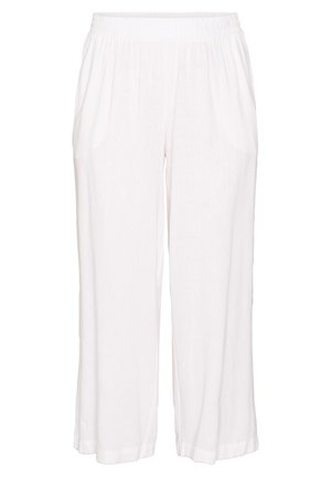Pantalon large blanc fluide avec une taille élastique et de discrètes poches latérales, conçu pour le confort et un usage décontracté.