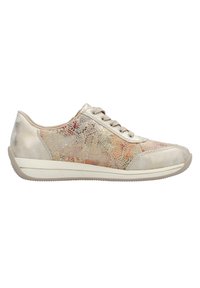 Jasno beżowe sneakersy z teksturowanym, wielokolorowym wzorem węża. Posiadają wyściełany kołnierz, płaskie sznurowadła oraz trwałą gumową podeszwę.