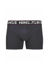 Dunkelgraue Baumwollboxershorts mit einem schwarzen Bund und weißer "NINE.ZERO"-Beschriftung. Entworfen mit einer konventionellen Passform und nahtlosen Seiten.