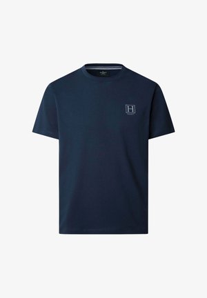 T-shirt a maniche corte di colore blu scuro con scollo rotondo e piccolo logo bianco "H Hackett" sul petto a sinistra.