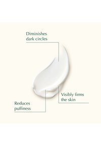 Trace de crème avec des étiquettes mettant en avant les bienfaits : réduit les cernes, raffermit visiblement la peau et diminue les poches.
