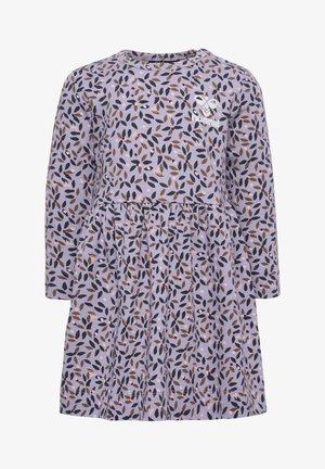 Långärmad lila klänning med mönster av blad i grönt, brunt och rosa. Slimmad bodice med en volangkjol. Reflekterande logotypdetalj på bröstet.