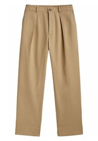 Pantalons beiges à coupe décontractée, dotés de plis avant, d'une fermeture à bouton et de jambes droites. Confectionnés dans un tissu léger avec une texture lisse.