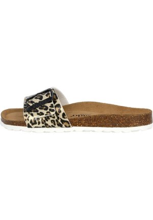 Slide sandal featuring a leopard print strap, black buckle, cork footbed, and white rubber outsole. Flat design with textured texture.
