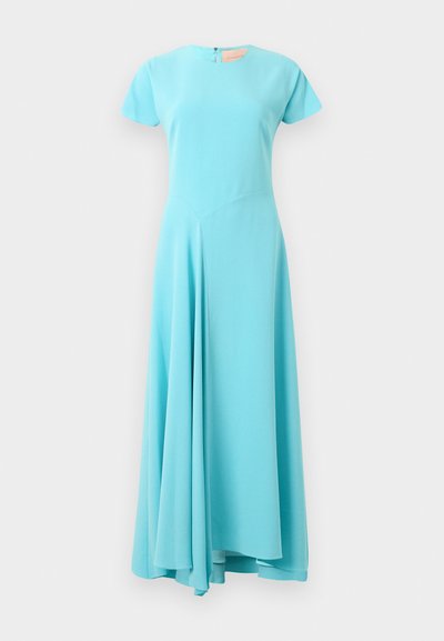 Vestido turquesa até aos joelhos, com mangas curtas, decote redondo e saia ampla. Feito de um tecido suave com um design minimamente estruturado.