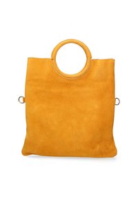 Borsa a spalla in suede gialla con manico circolare, caratterizzata da un design semplice e una consistenza morbida, ideale per un uso casual e facile da portare.