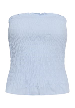 Svetlomodrý top bez ramienok s nariasenou, ružovanou textúrou látky a rovnými lemami.