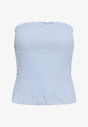 Svetlomodrý top bez ramienok s nariasenou, ružovanou textúrou látky a rovnými lemami.