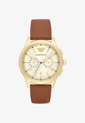Reloj de pulsera analógico Emporio Armani en tono dorado, con esfera blanca, correa de piel marrón, dos subesferas, ventana de fecha y marcadores de hora dorados.