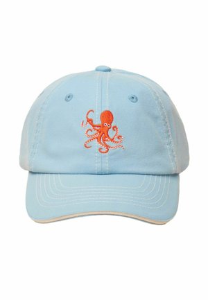 Svetlomodrá baseballová čiapka s vyšitou oranžovou chobotnicou uprostred predného panelu a bielym šitím na šiltu.