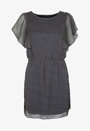 Laivastonsininen mekko, jossa on lyhyet liehukkeet hihoissa, joustava vyötärönauha ja valkoiset pilkkuprintit. Valmistettu kevyestä, läpikuultavasta kankaasta, jossa on sileä pinta.