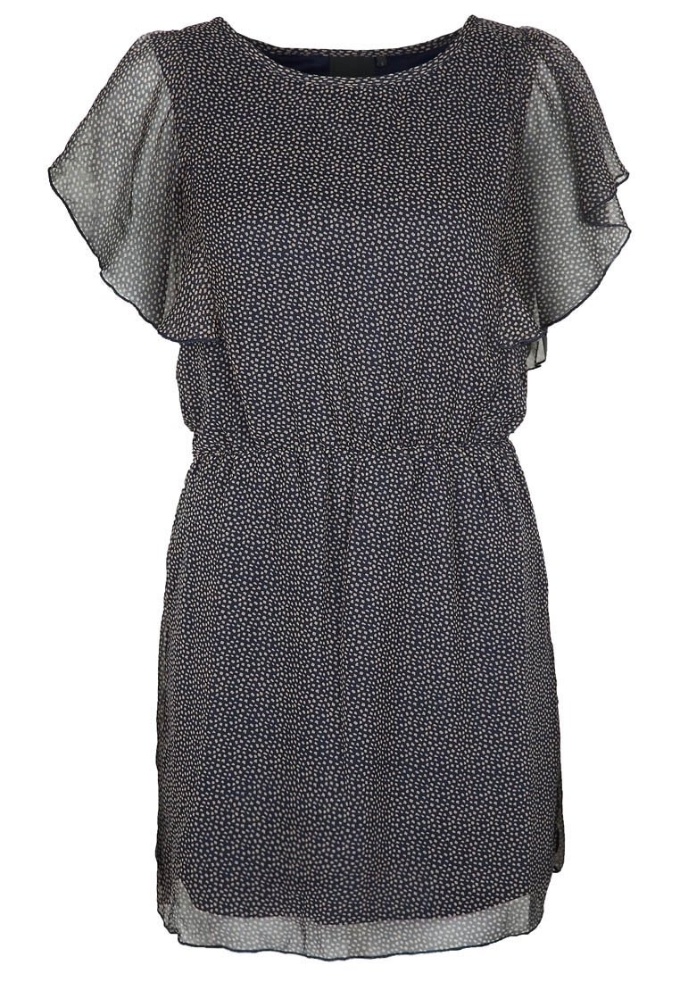 Marineblauwe jurk met korte, wapperende mouwen, een elastische tailleband en witte polka dots. Gemaakt van lichtgewicht, doorschijnende stof met een gladde textuur.