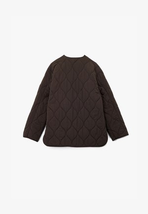 Veste matelassée marron avec un motif en losanges, col rond et manches longues. La texture semble douce et rembourrée pour plus de chaleur.