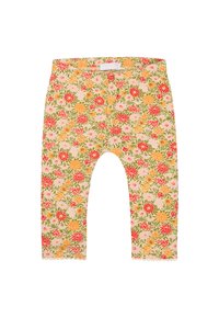 Blommiga leggings med en ljusrosa bakgrund, prydda med färgglada blommor i rött, orange och grönt. Sicksackkantad nederdel. Mjuk tyg.
