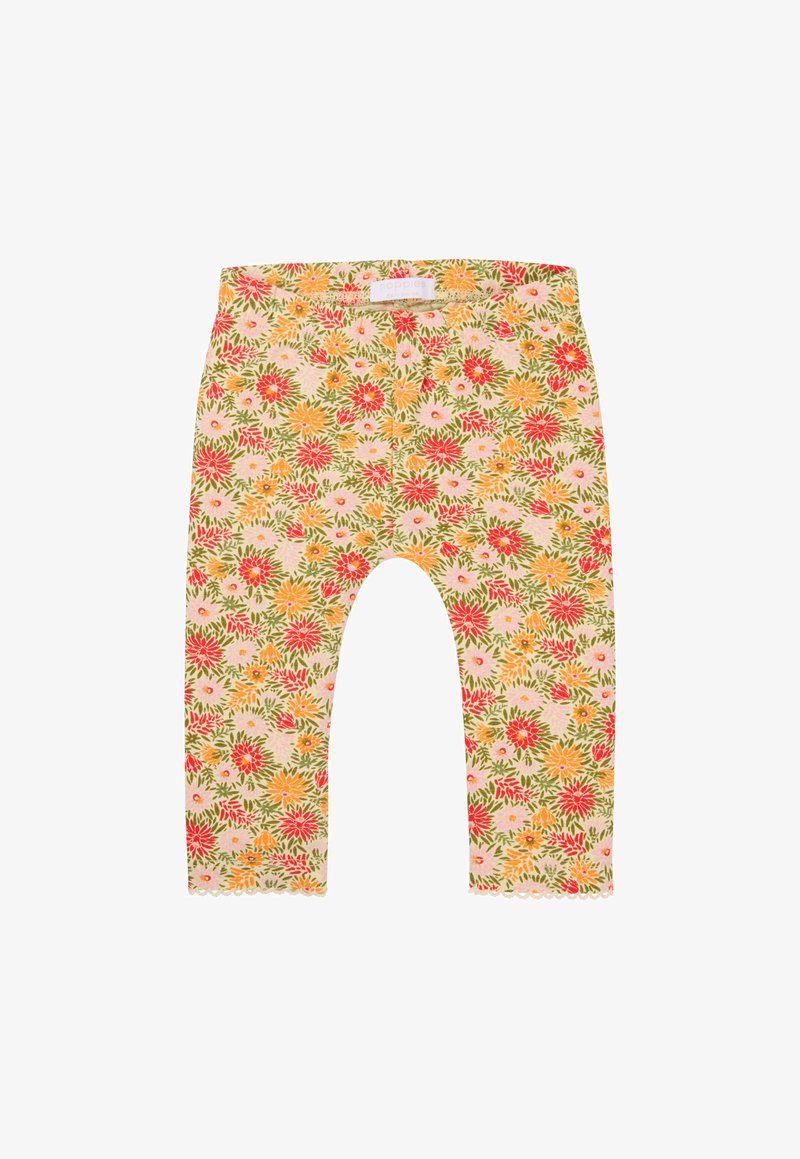 Legginsy w kwiaty na jasnoróżowym tle, z kolorowymi kwiatami w kolorze czerwonym, pomarańczowym i zielonym. Szczegół na dolnym brzegu w formie falbanek. Miękka tkanina.