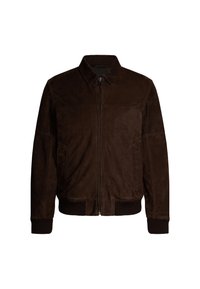 Bruine suède bomberjack met een shirtkraag, ritsluiting, zijzakken en ribgebreide boorden en onderrand. Zachte textuur en minimalistisch design.