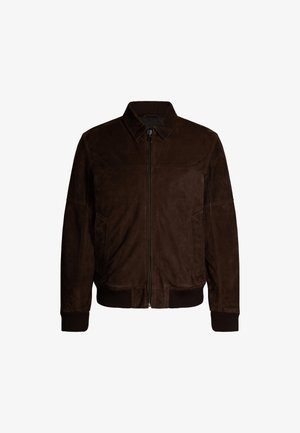 Brown suede bomber jacket with a shirt collar, zip closure, side pockets, and ribbed knit cuffs and hem. Soft texture and minimalist design.