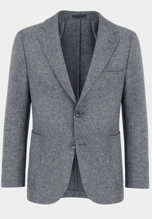 Grå uld blazer med stikkrave, enkeltknappet design, to forlommer og to knapper, med en glat tekstur.