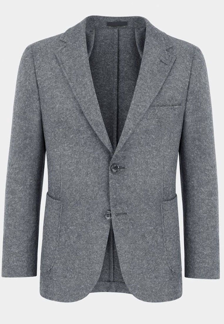 Blazer en laine gris présentant un col cranté, un design à un bouton, deux poches avant et deux boutons, avec une texture lisse.