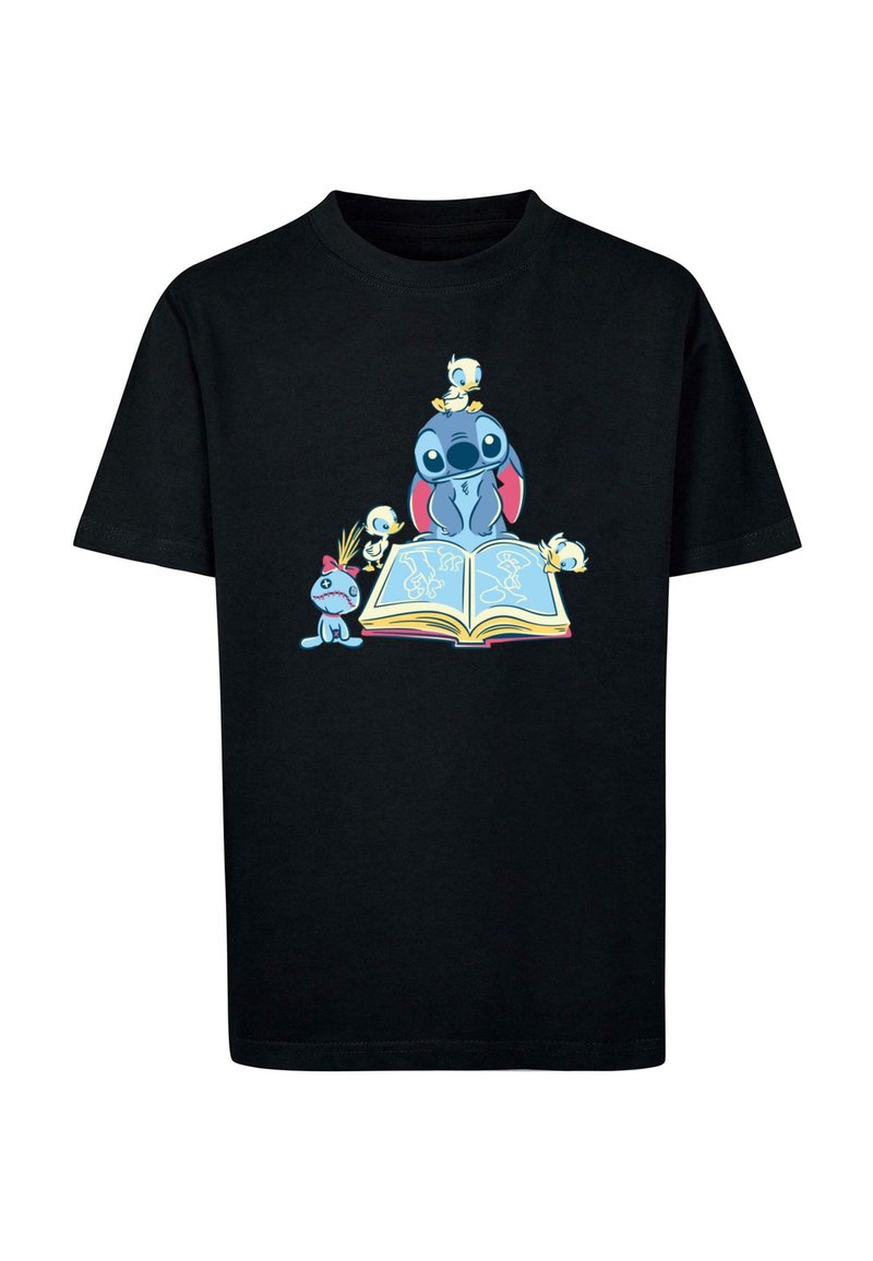 Sort bomulds t-shirt med et farverigt grafisk motiv af tegneseriefigurer omkring en åben bog, med kraftige blå og gule accenter.