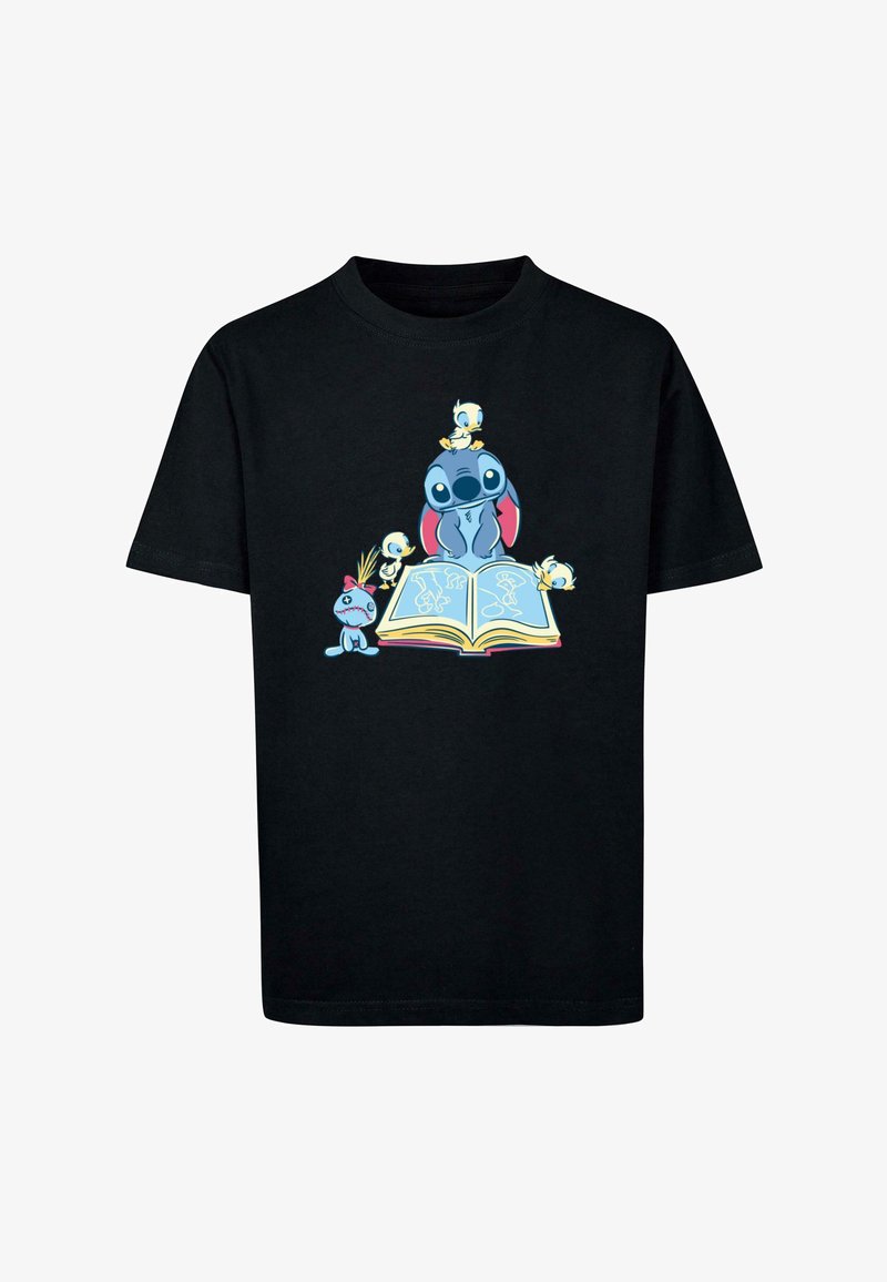 Sort bomulds t-shirt med et farverigt grafisk motiv af tegneseriefigurer omkring en åben bog, med kraftige blå og gule accenter.