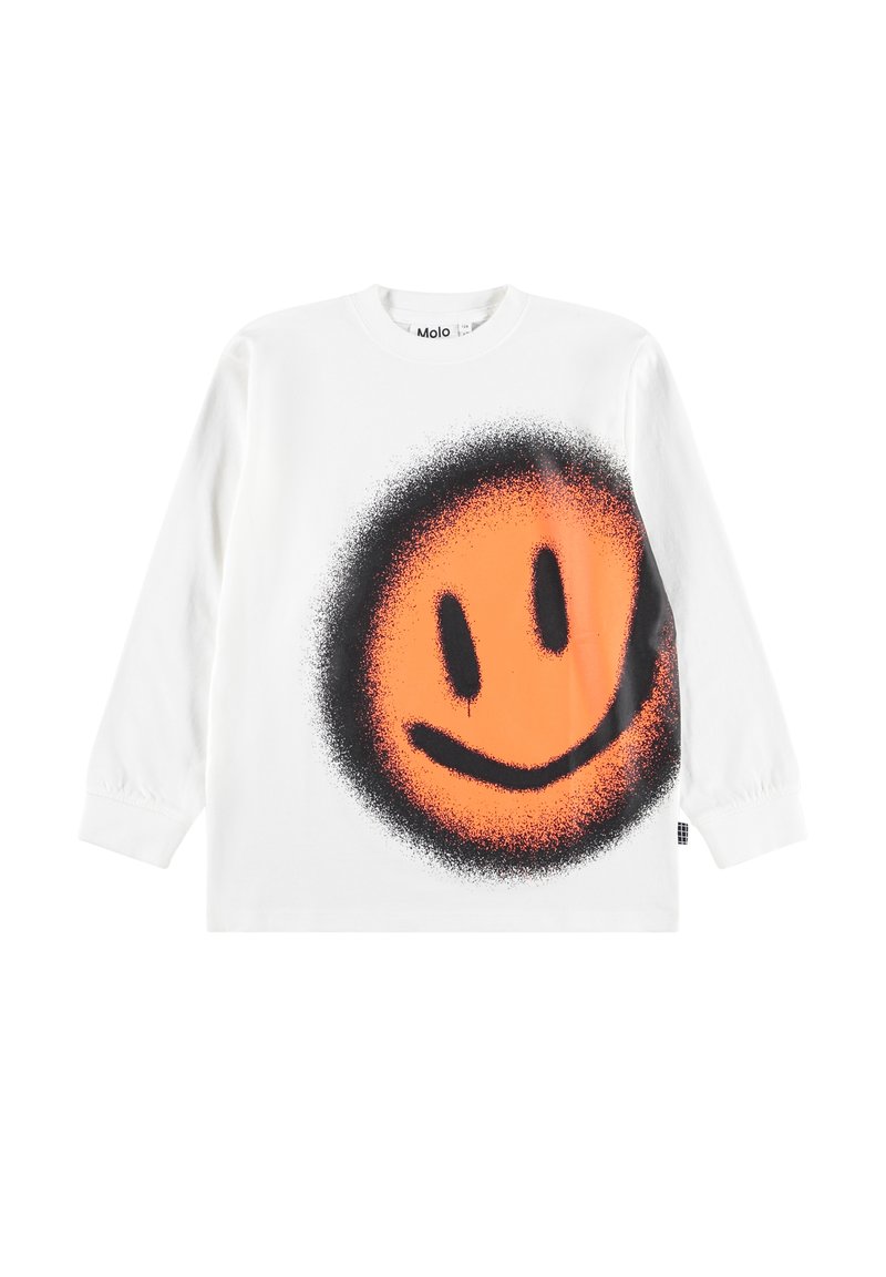 Camiseta de algodón blanca de manga larga con un gran gráfico de cara sonriente naranja con acentos de spray negro. Tejido suave y transpirable.