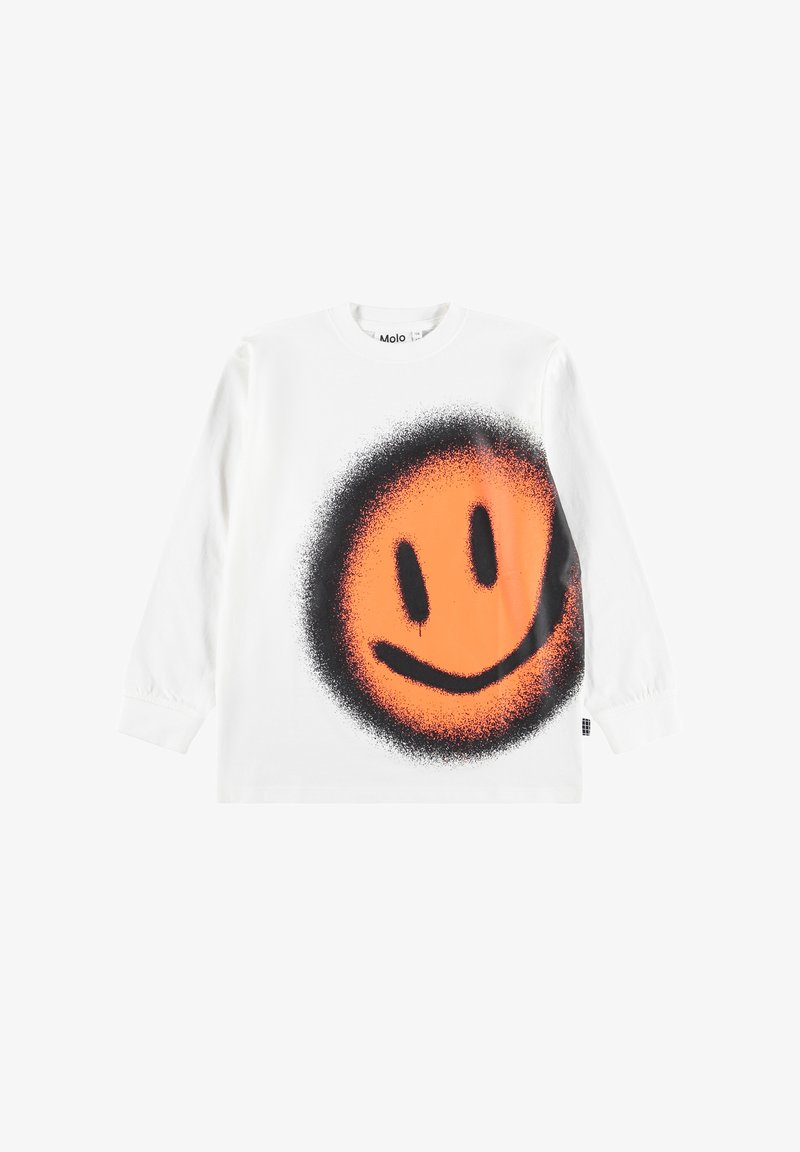 Camiseta de algodón blanca de manga larga con un gran gráfico de cara sonriente naranja con acentos de spray negro. Tejido suave y transpirable.