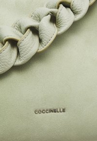 Borsa a tracolla in pelle verde chiaro con manico intrecciato e finitura testurizzata, con la scritta "COCCINELLE" in rilievo argento nella parte inferiore.