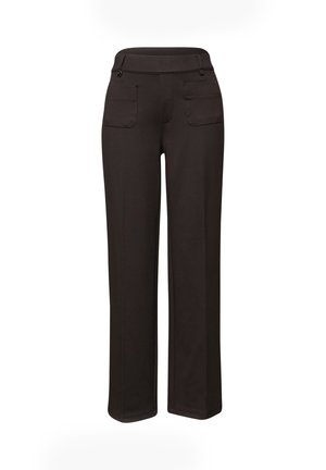 Pantalon noir à jambes larges avec poches plaquées avant et passants pour ceinture, doté d'une ceinture lisse et de coutures sur mesure.