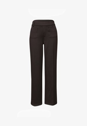 Schwarze Hosen mit weitem Bein, vorderen aufgesetzten Taschen und Gürtelschlaufen, ausgestattet mit einem glatten Bund und maßgeschneiderten Nähten.