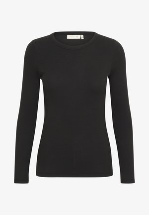 Czarna koszula z długim rękawem, o okrągłym dekolcie, wykonana z prążkowanego materiału. Charakteryzuje się dopasowanym krojem, czystymi szwami i gładką teksturą.