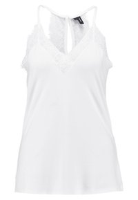 Top senza maniche bianco con scollatura a V e bordo in pizzo, e schiena con taglio. Realizzato in tessuto morbido, ha una texture liscia e una vestibilità comoda.