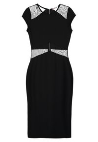 Abito nero aderente con maniche corte a palloncino. Presenta dettagli in rete trasparente sulle spalle e in vita, con un design strutturato fino al ginocchio.