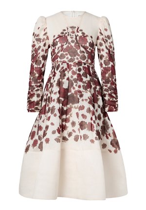 A long-sleeved dress featuring a cream fabric with red and brown floral patterns, textured sleeves, a fitted bodice, and a flared skirt.
