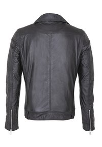 Chaqueta de cuero negro con cuello clásico, puños con cremallera y un ajuste estructurado. Textura suave con detalles de costura mínimos.