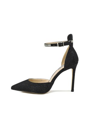 Scarpa nera con tacco a spillo, punta affusolata, tomaia texturizzata e cinturino alla caviglia con dettagli in strass. Tacco a stiletto per un'altezza extra.