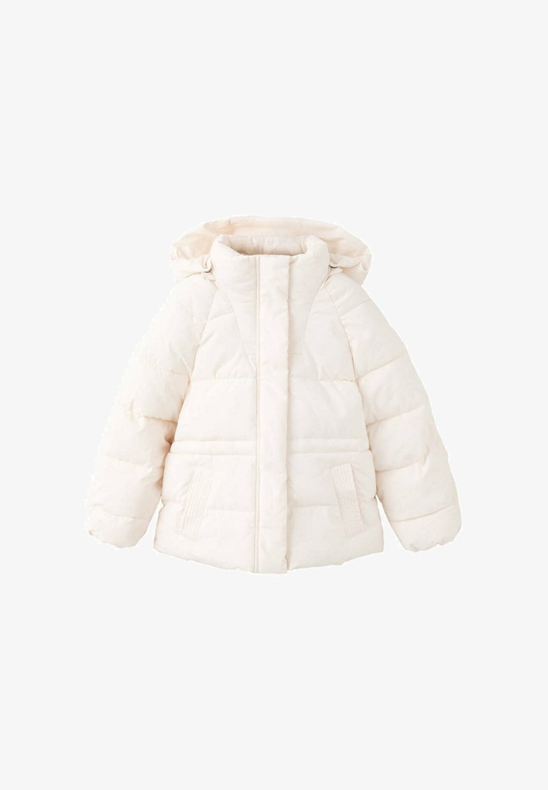 Veste d'hiver matelassée blanche avec capuche, fermeture éclair frontale et deux poches avant, conçue pour temps froid.