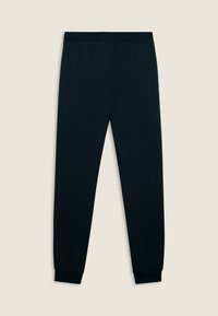 Pantaloni jogger slim fit neri con vita elasticizzata e caviglie regolabili, mostrati distesi su uno sfondo chiaro.