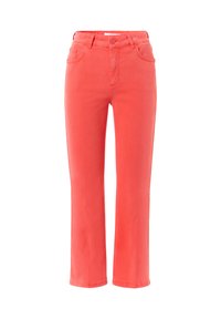 Coral high-waisted jeans, featuring a straight leg design, five-pocket styling, and a classic button closure. Made from denim fabric.