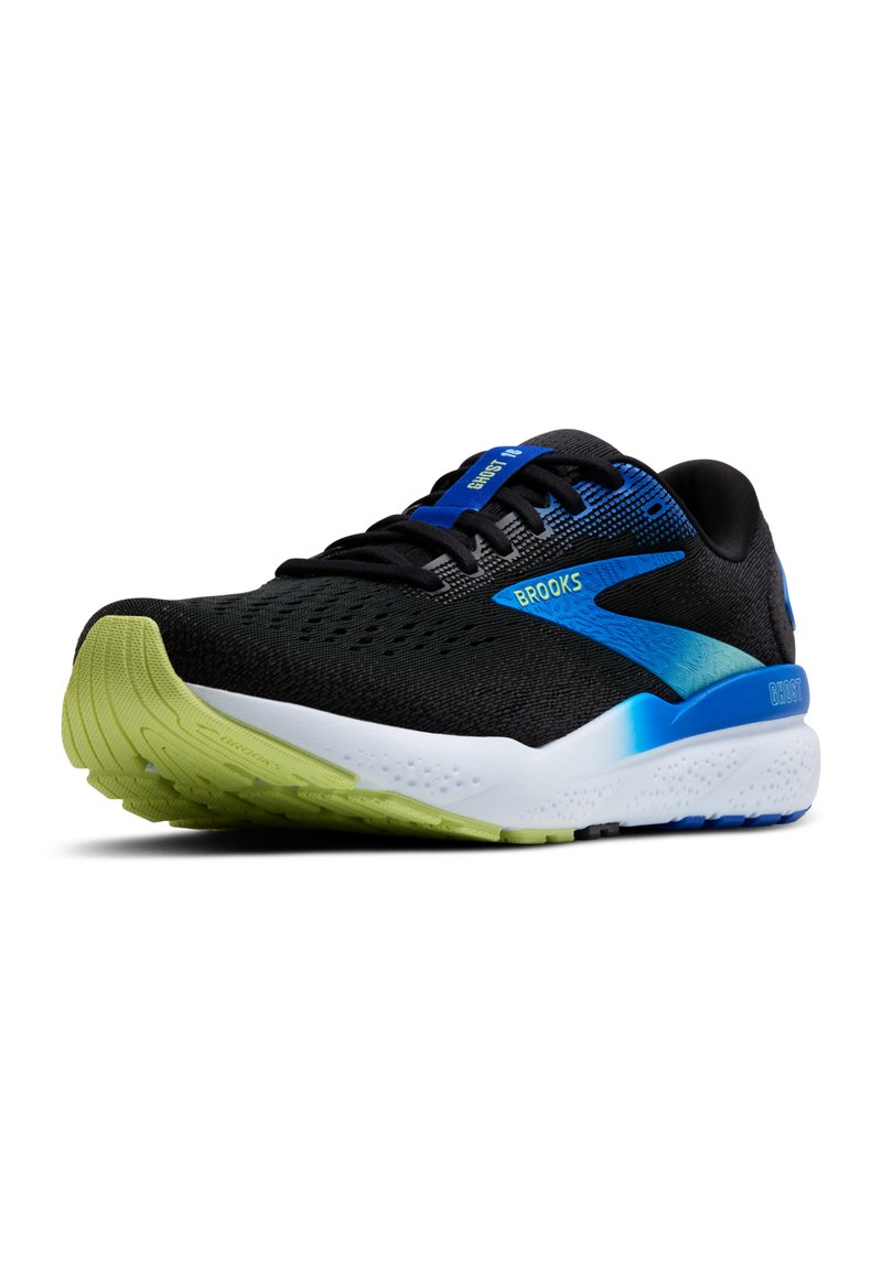 Schwarzer Sportschuh mit einem atmungsaktiven Obermaterial aus Mesh, blauen Akzenten, weißer Zwischensohle und grüßer Gummisohle. Verfügt über strukturierte Details und ein Schnürsystem.