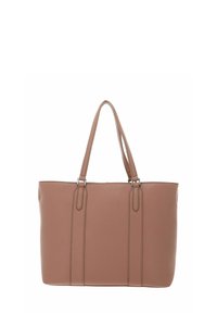 Sac fourre-tout en cuir marron avec double poignées, présentant trois lignes de couture verticales ; texture lisse, forme rectangulaire.