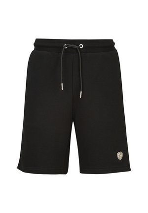 Schwarze Shorts knielang mit elastischem Bund, Kordelzug und einem kleinen weißen Logo-Patch am unteren linken Bein.