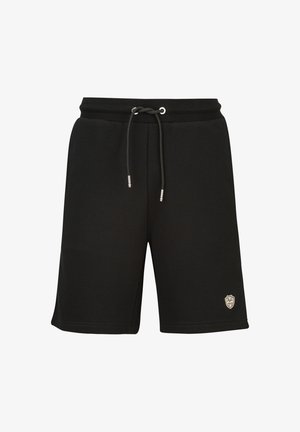 Schwarze Shorts knielang mit elastischem Bund, Kordelzug und einem kleinen weißen Logo-Patch am unteren linken Bein.