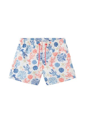 Detské biele plavecké šortky s motívom koralových a modrých morských tvorov, mušlí, morských hviezd a koralových vzorov, so ružovým šnúrkou v páse.