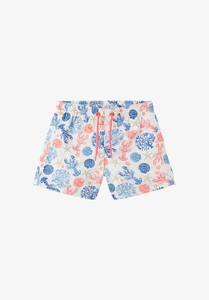 Costume da bagno bianco per bambini con creature marine corallo e blu, conchiglie, stelle marine e motivi di corallo, con coulisse rosa in vita.