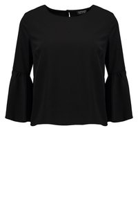 Blusa nera con scollatura rotonda, maniche lunghe a sbuffo e dettaglio a chiave sul retro. Realizzata in un tessuto liscio e leggero.