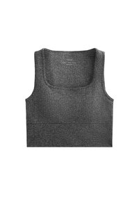 Top cu bretele tricotat, de culoare gri, cu un decolteu pătrat, având un model texturat și un design fără cusături. Fără accesorii sau detalii vizibile.
