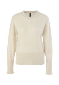 Elfenbeinfarbener Strickpullover, runder Ausschnitt, gerippter Saum und Bündchen mit leichten Rüschen. Weicher Stoff, lange Ärmel, simple Gestaltung ohne Muster.