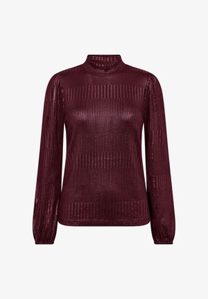 Bordeauxkleurig lang mouwen top met een opstaande kraag, geribbeld textuur en afwisselende verticale strepen, met een getailleerde silhouet.